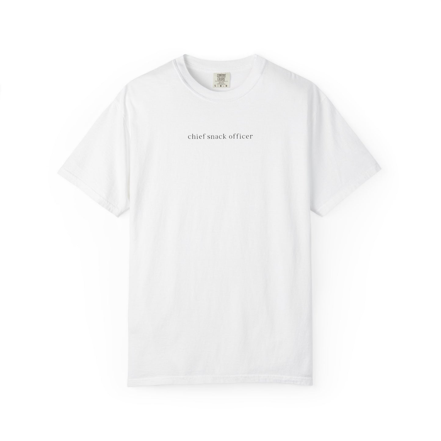 White t-shirt with 'chief snack officer' text on a white background