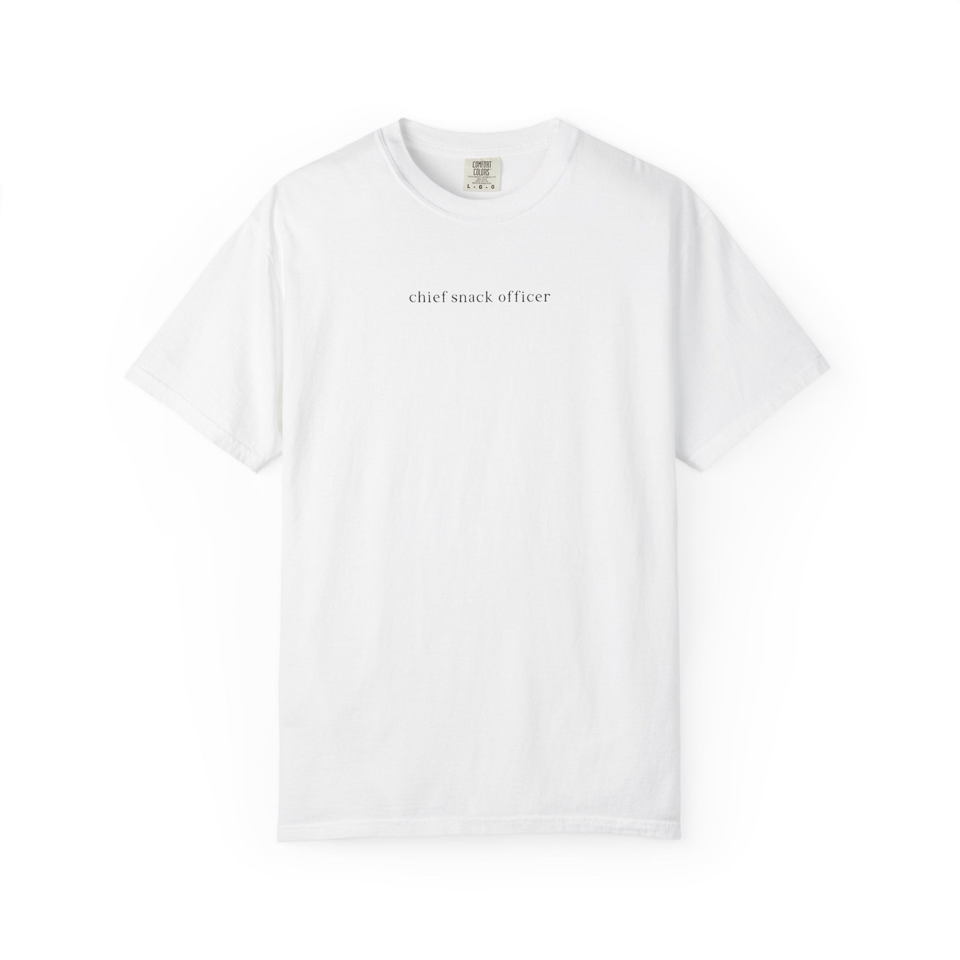 White t-shirt with 'chief snack officer' text on a white background