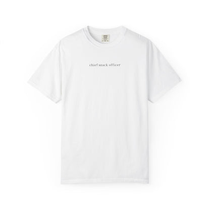 White t-shirt with 'chief snack officer' text on a white background