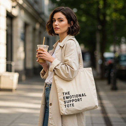 'The Emotional Support Tote' in natural cotton canvas. A woman in a trench coat holds the tote bag and an iced coffee in a city setting. Aesthetic and durable everyday bag by Barely Sane.