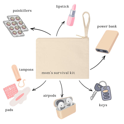 A cream canvas zipper pouch with the text "mom's survival kit". Graphic arrows point to illustrated essentials surrounding the pouch, including painkillers, lipstick, a power bank, keys, airpods, pads, and tampons.